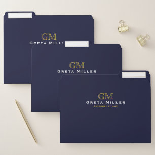 Business Executive Elegant Dark Blue Gold Monogram File Folder