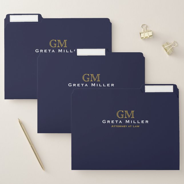 Business Executive Elegant Dark Blue Gold Monogram File Folder (Set)
