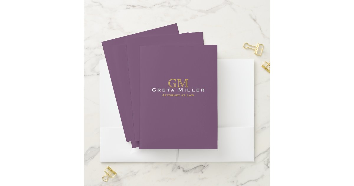 Business Executive Plum Purple Gold Monogram Pocket Folder | Zazzle