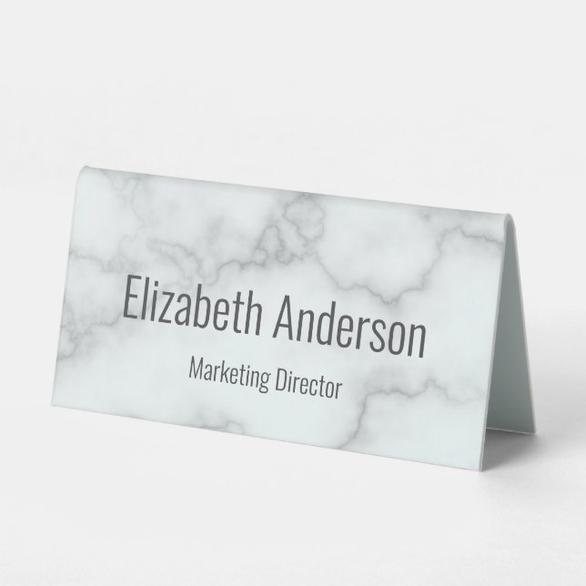 Business Faux White Marble Gray Job Title & Name Table Tent (Front)