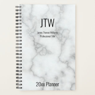 Business Faux White Marble Name Monogram Job Title Planner