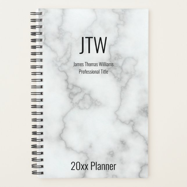 Business Faux White Marble Name Monogram Job Title Planner (Front)