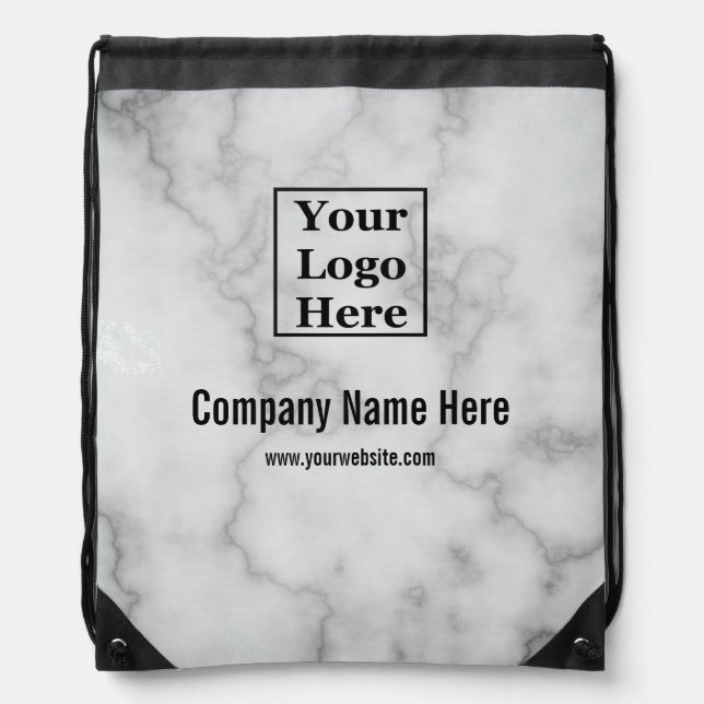Business Faux White Marble Your Logo Here Drawstring Bag (Front)