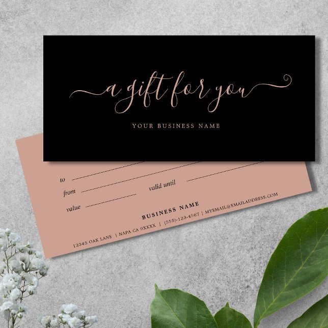 Business Gift Certificate Black rose gold pink (Black and Pink Business Gift Certificates)