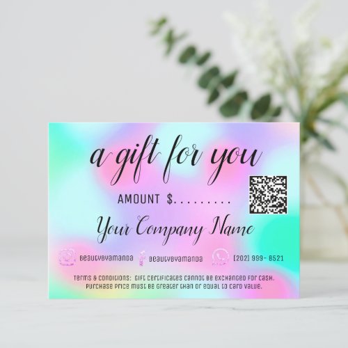 Business Gift Certificate Holograph Logo QR Pink