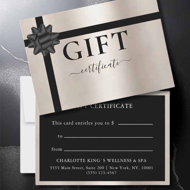 BUSINESS GIFT CERTIFICATE | Modern | Ribbon (BUSINESS GIFT CERTIFICATE | modern, minimal, ribbon. Black & Champagne.)