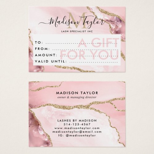 Business Gift Certificate Pink Gold Glitter Agate