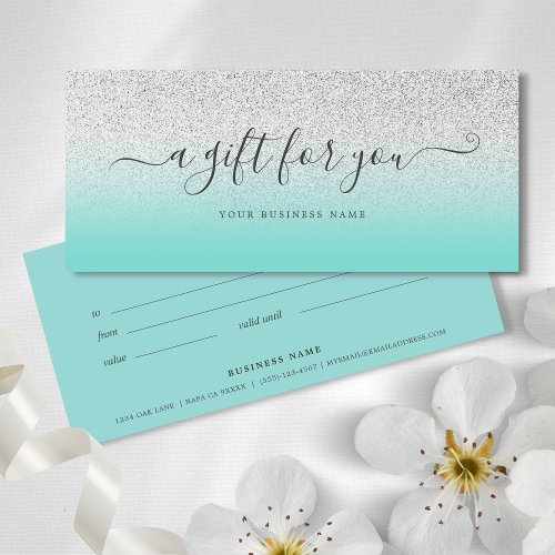 Business Gift Certificate Teal Silver Glitter