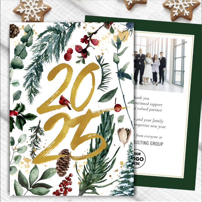 Business Gold 2025 Festive Christmas Pine Bough Holiday Card (Creator Uploaded)