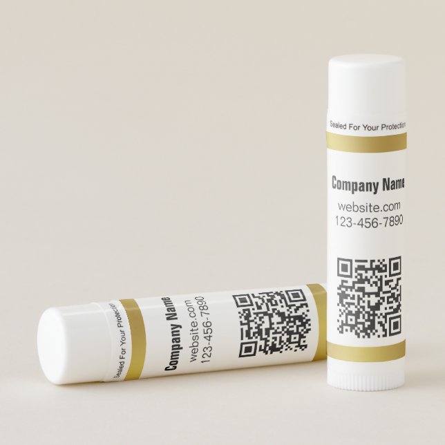 Business Gold and White Company Name QR Code Lip Balm (Front)