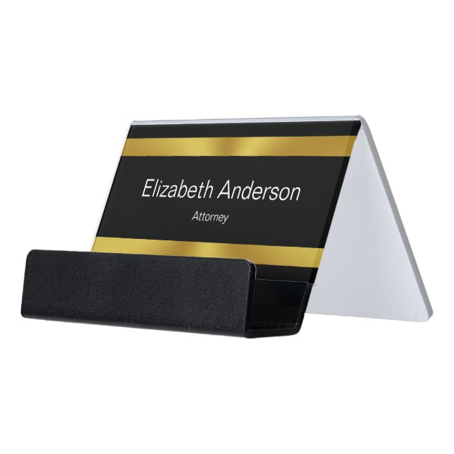 Business Gold White Black Name Job Title Template Desk Business Card Holder (Angled Front)