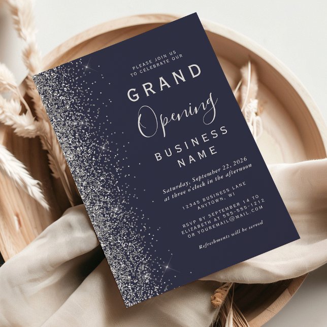 Business Grand Opening Dark Blue Silver Glitter Invitation (Creator Uploaded)