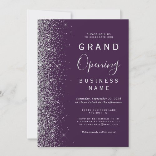 Business Grand Opening Dark Purple Silver Glitter Invitation