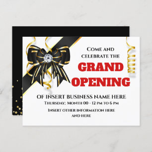 Business grand opening gold black red bow ribbon   announcement postcard