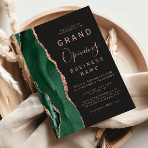 Business Grand Opening Green Rose Gold Agate Dark Invitation
