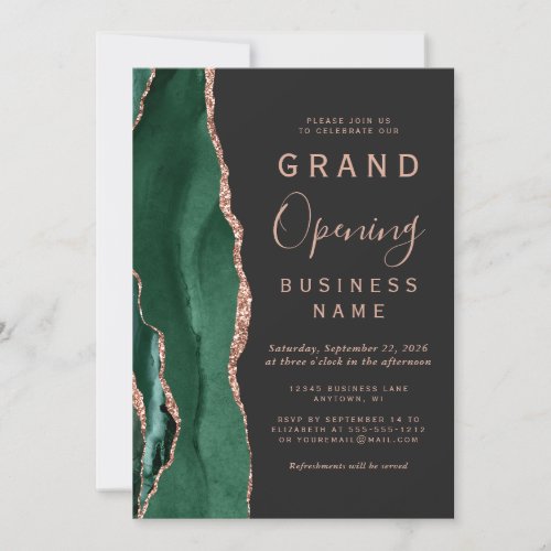 Business Grand Opening Green Rose Gold Agate Dark Invitation