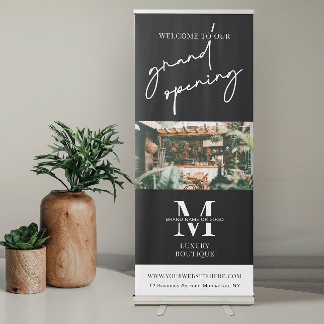 Business Grand Opening Minimalist Black Logo Photo Retractable Banner (Professional Business Launch Event pull up banner with large photo and your logo)