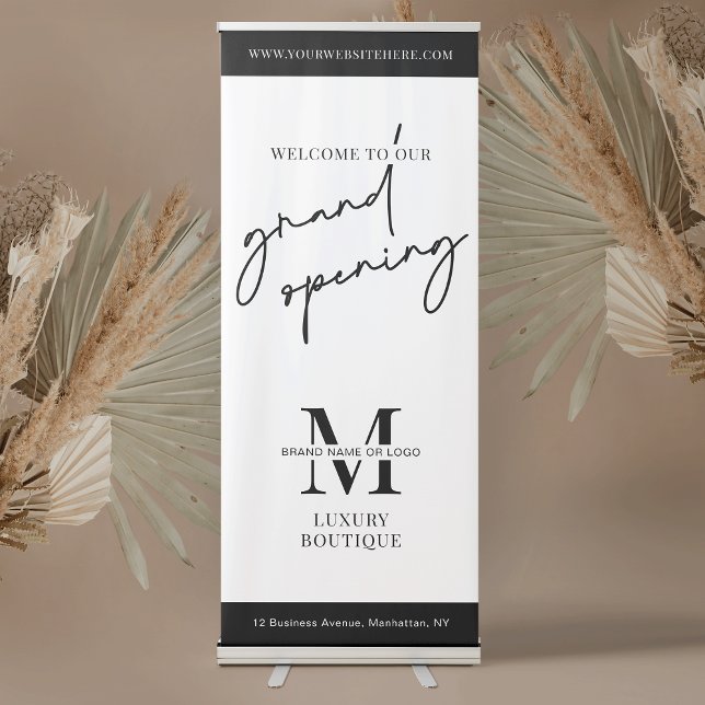 Business Grand Opening Minimalist Logo Modern Retractable Banner (Modern black and white new business grand opening retractable banner with logo)