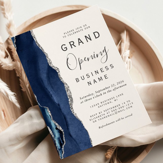 Business Grand Opening Navy Blue Silver Agate Invitation (Creator Uploaded)