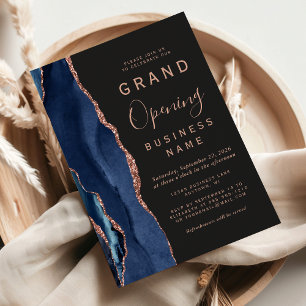Business Grand Opening Navy Rose Gold Agate Dark Invitation