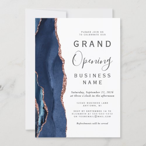 Business Grand Opening Navy Rose Gold Agate Invitation