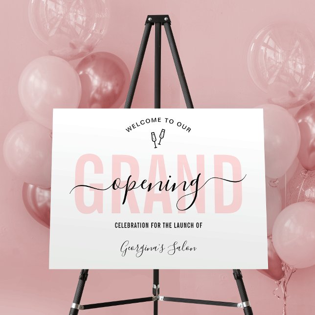 Business Grand Opening Pink Modern Elegant Foam Board (Elegant grand opening welcome sign in pink and white, perfect for beauty salons or boutique launch)