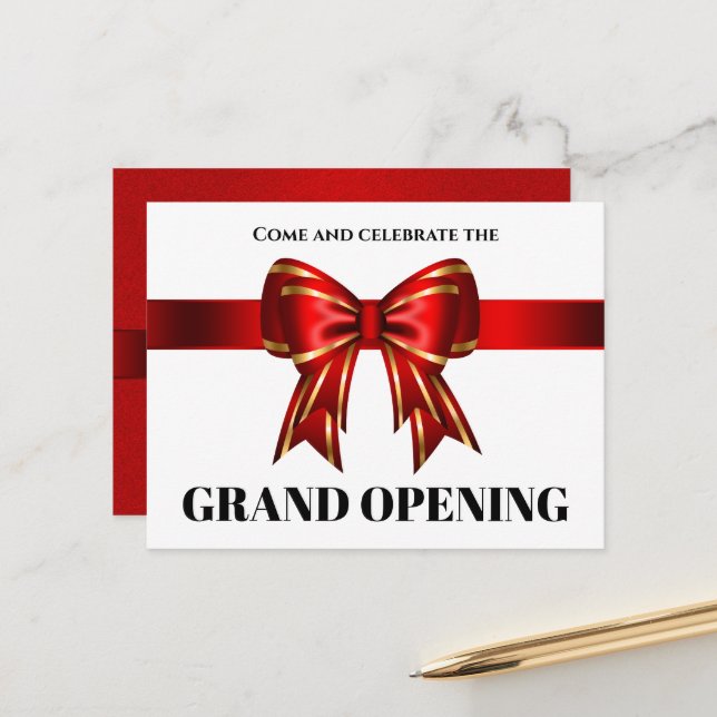 Business grand opening red gold ribbon bow VIP Announcement Postcard (Front/Back In Situ)