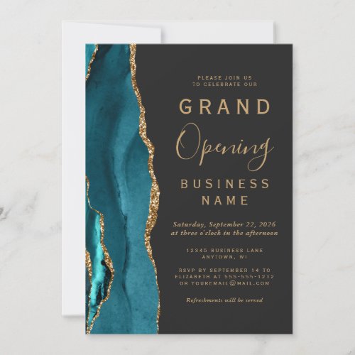 Business Grand Opening Teal Gold Agate Dark Invitation