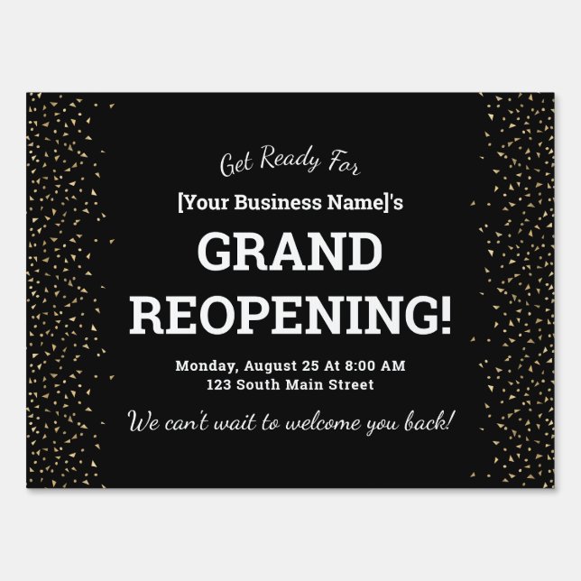 Business Grand Reopening Black Confetti Sign (Front)
