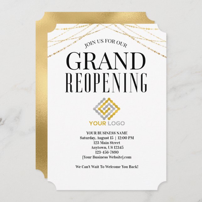 Business Grand Reopening Logo Faux Gold Invitation (Front/Back)