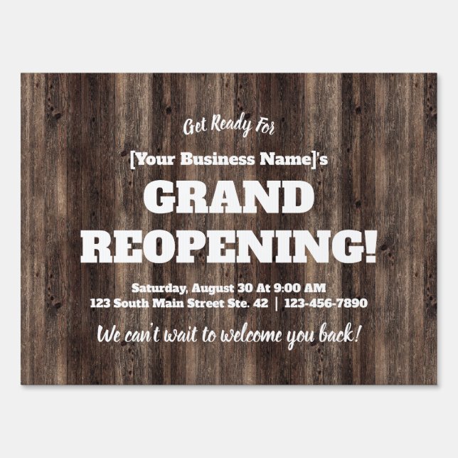 Business Grand Reopening Rustic Wood Look Sign (Front)
