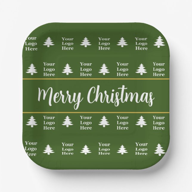 Business Green White Merry Christmas Trees Logo Paper Plates (Front)