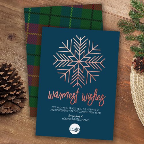 Business Greeting Blue Plaid Warmest Wishes Rose Foil Holiday Card