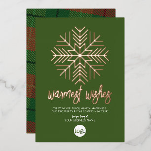 Business Greeting Green Plaid Warmest Wishes Rose Foil Holiday Card