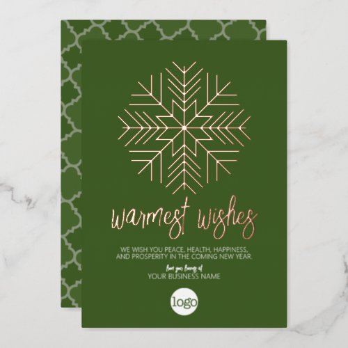 Business Greeting Green _ Warm Snowflake Rose Gold Foil Holiday Card
