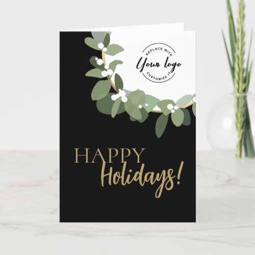 Business Greeting Green wreath leaves custom logo Holiday Card