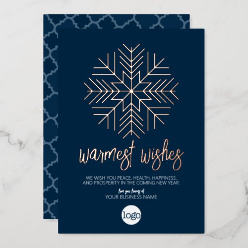 Business Greeting Navy _ Warm Snowflake Rose Gold Foil Holiday Card