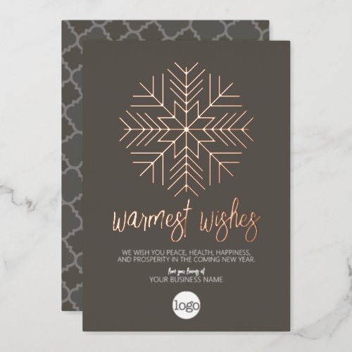 Business Greeting Taupe _ Warm Snowflake Rose Gold Foil Holiday Card