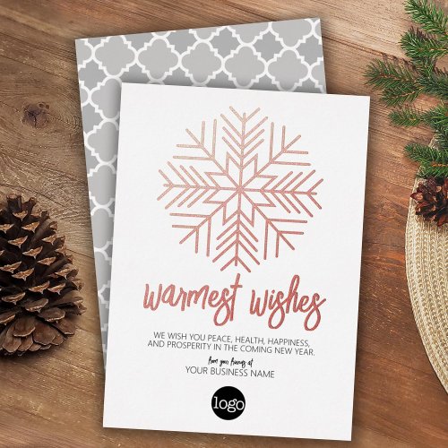 Business Greeting White _ Warm Snowflake Rose Gold Foil Holiday Card