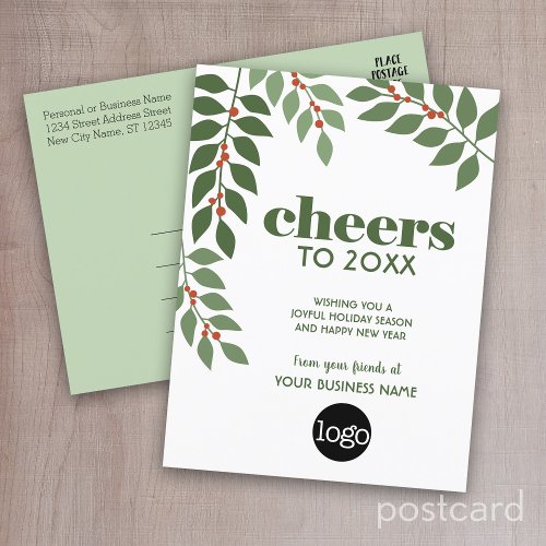 Business Greeting with botanical leaves and logo _ Holiday Postcard