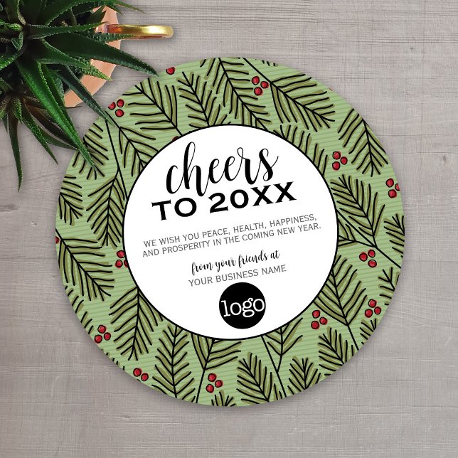 Business Greeting with Logo - Cheers - Pine Branch Holiday Card (Cheers to the New Year - Holiday Greeting Cards)