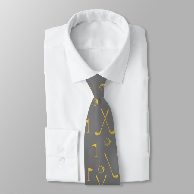 Business Grey Gold Golf Pattern Ball Club Golfer  Neck Tie (Tied)