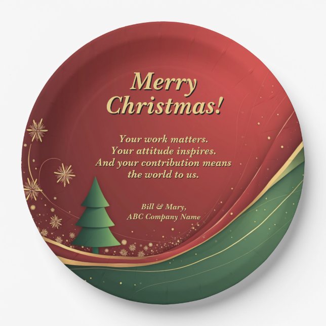 Business Group Name Message Red Christmas Party 9" Paper Plates (Front)