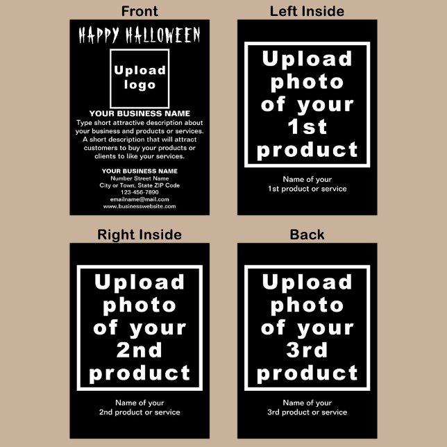 Business Halloween Black Folded Greeting Card (Black Halloween folded greeting card with your business brand and products or services.)