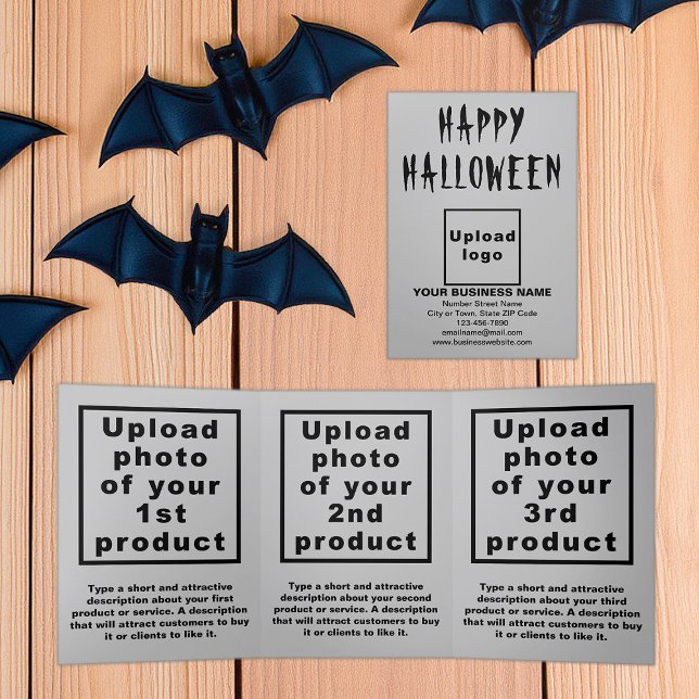 Business Halloween Gray Trifold Card (Business brand and products on gray Halloween trifold card)