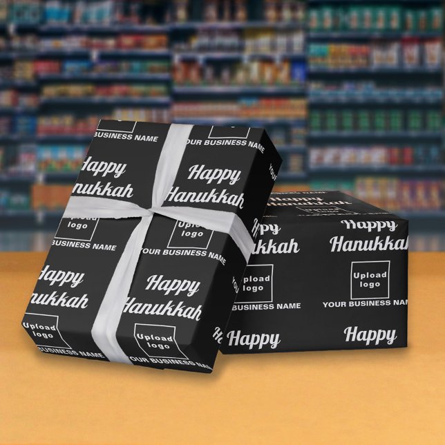 Business Hanukkah Black Wrapping Paper (Hanukkah greeting, business name and logo on black wrapping paper)