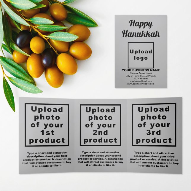 Business Hanukkah Gray Trifold Card (Hanukkah greeting, business brand and products on gray trifold card)