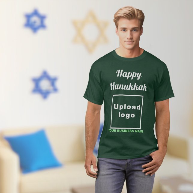 Business Hanukkah Greeting on Deep Forest Green T-Shirt (Hanukkah greeting, business name and logo on deep forest green t-shirt)