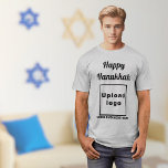 Business Hanukkah Greeting on Gray T-Shirt<br><div class="desc">Happy Hanukkah! Wishing you joy, peace and blessing this festival of lights. Holiday to celebrate this December and to advertise also your business. Gray t-shirt with Hanukkah greeting, your business name and logo. T-Shirt that you can include in your promotional products, giveaway items or gifts to your customers or clients...</div>