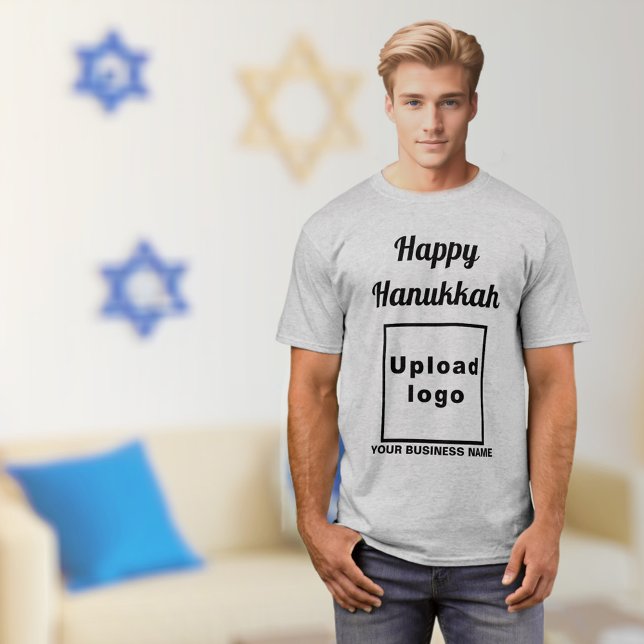 Business Hanukkah Greeting on Gray T-Shirt (Hanukkah greeting, business name and logo on gray t-shirt)